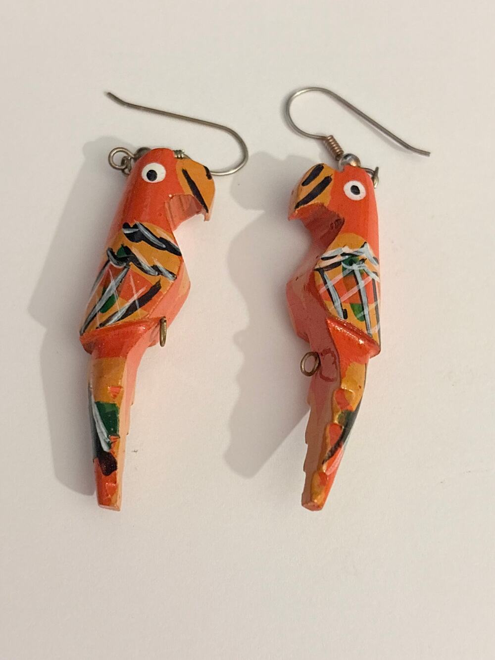 Vintage Hand Painted Wood Parrot Dangle Earrings